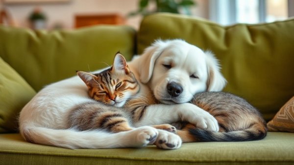 Gentle white dog and fluffy tabby cat resting together peacefully.