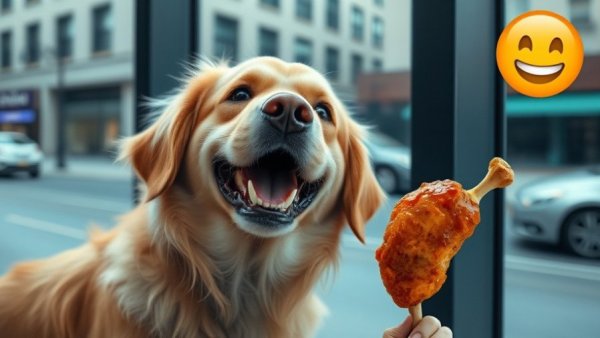 Funny dog stuff: Cheerful dog eyeing a chicken drumstick with emoji.