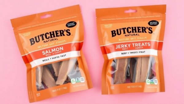 Butcher's Naturals dog jerky treats packaging on pink background.