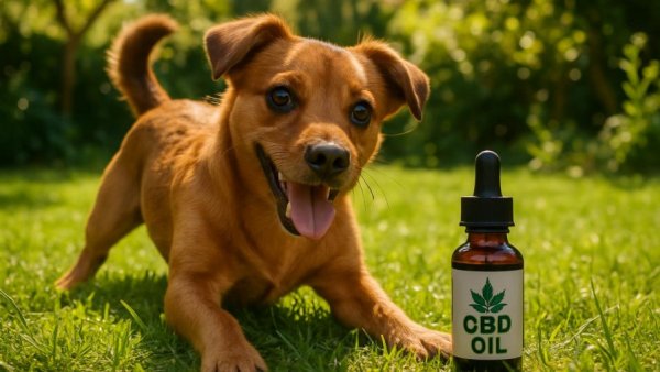 Small brown dog playing with CBD oil in a sunny garden.
