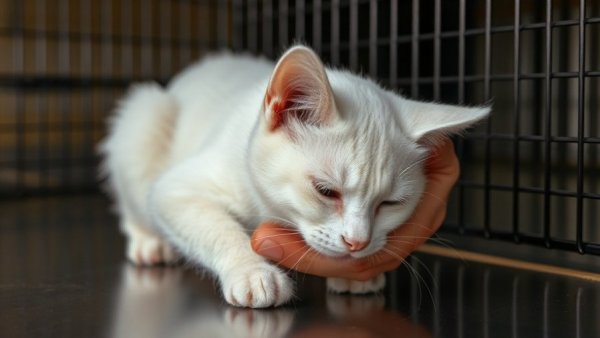 Gentle handling of a distressed white cat showcases trust in animal care.