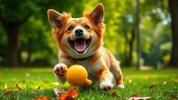 Funny pet stuff: playful dog enjoying toy in a park setting