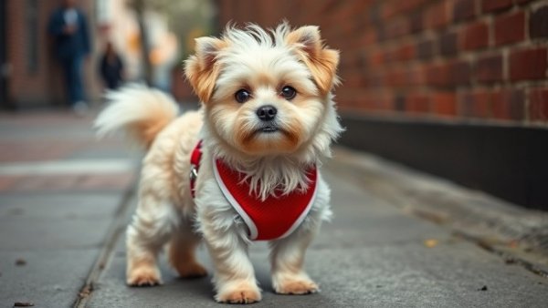 Energetic toy dog breed in a red harness by a brick wall.