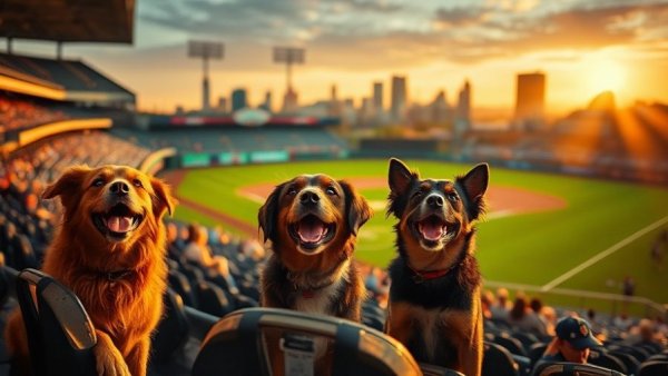 Travel with dog to stadium for baseball game under sunset.