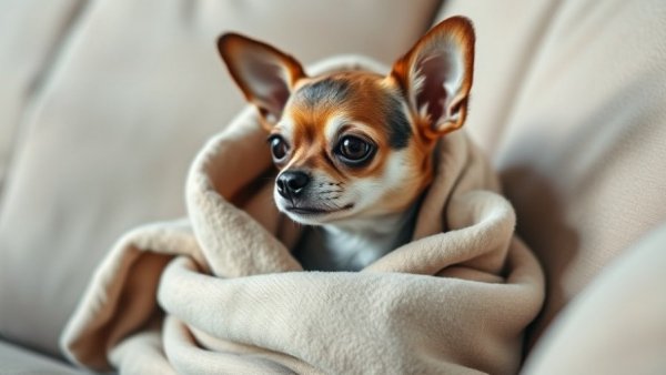 Anxious chihuahua wrapped in blanket showing wide eyes.