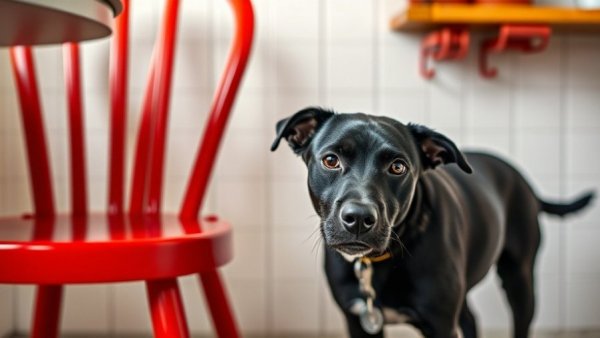 Curious black dog beside a red chair indoors, adopting Hayden.