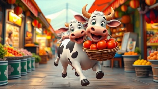 Funny cartoon cow in marketplace, running with tomatoes basket, 3D style.