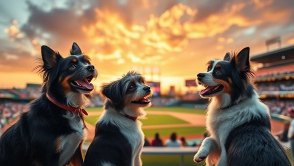 Travel with dogs: Two dogs enjoying a baseball game at sunset.