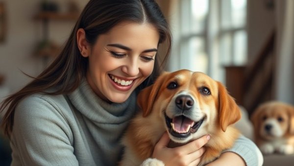 Woman joyfully adopting a rescue dog indoors, cozy home.