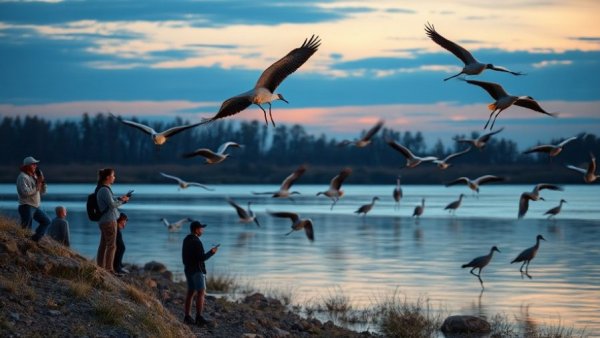 Observers watch 2026 Sandhill Crane Migration at a scenic river.