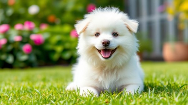 Fluffy white dog on green grass, considered one of the softest dogs.