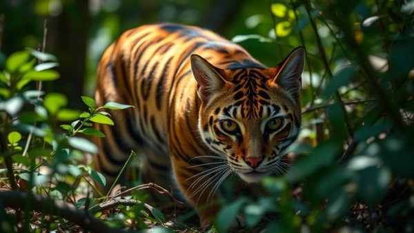 Southern tiger cat prowling in a forest setting for adoption.