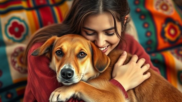 Dog love behaviors: Woman cuddling dog, colorful blanket, trust and affection.