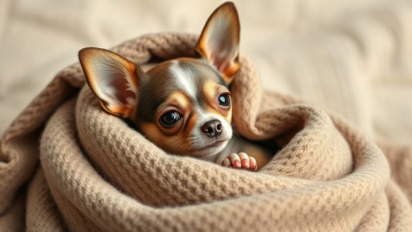 Chihuahua wrapped in a cozy blanket, looking curious