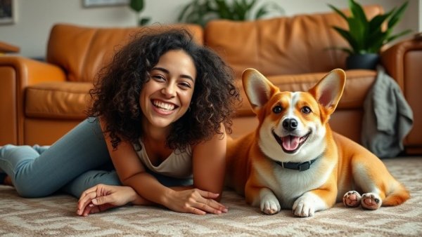 Woman and corgi with dog supplements in cozy living room