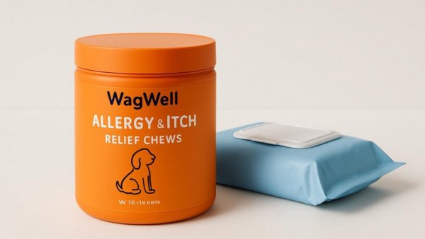 WagWell Allergy & Itch Relief Chews with blue wipes on white background.