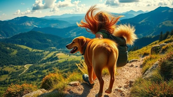 Travel with dog: person and dog hiking in scenic mountains at sunset.