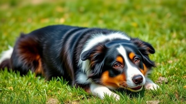 Border Collie with alert expression resting on grass.