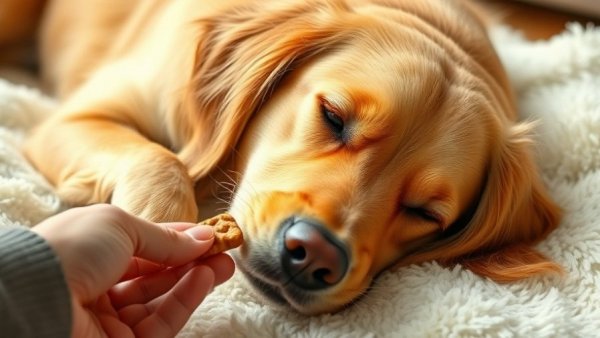 Golden retriever enjoying calming solutions for dogs indoors.