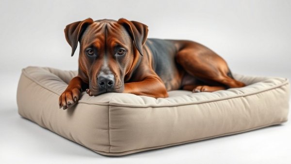 Large brindle dog on extra-large beige dog bed