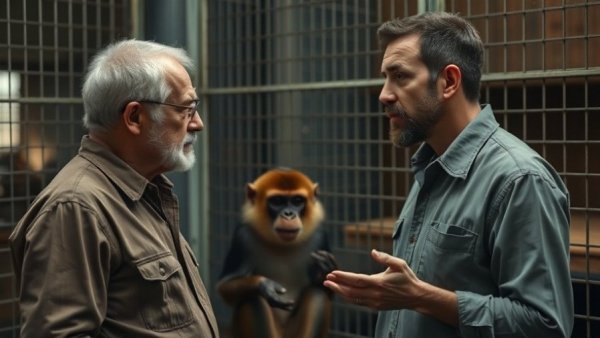 Animal welfare advocacy discussion with a monkey in a cage