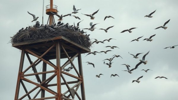 Seabirds nesting on a rustic tower under a blue sky.