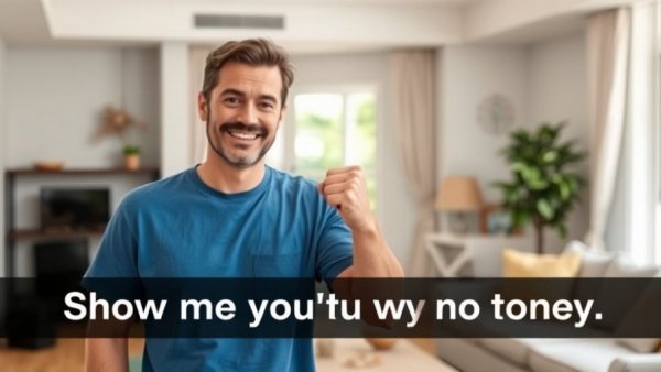 Casual man indoors with humorous text, modern living room setting.