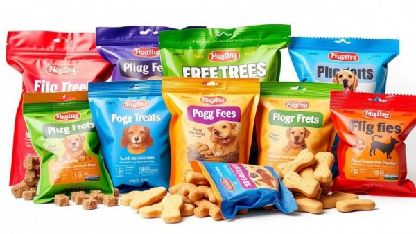Dog treats ideal for traveling with dogs, colorful packages on white background.