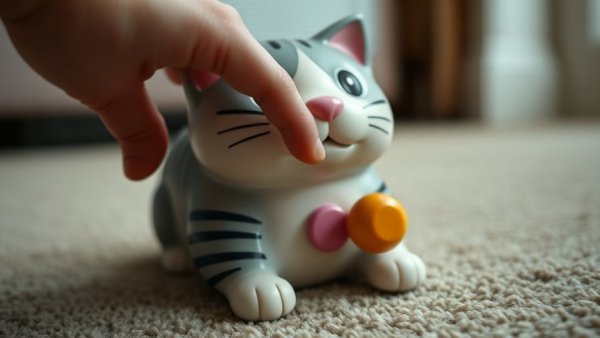 Cat-themed toy bank interaction showcasing cat behavior curiosity.