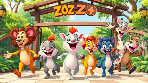 Playful cartoon zoo animals in a vibrant setting.