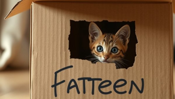 Kitten left in a box peeking through cardboard cut-outs.
