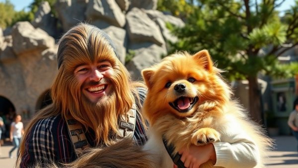 Dog and owner with Chewbacca, travel with dog at amusement park.