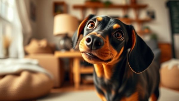 Playful dachshund showing loyal dog breed traits with curious head tilt.