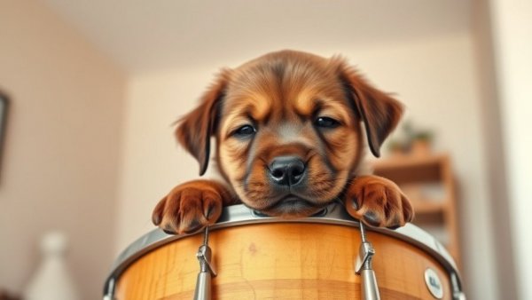 Cute puppy held over drum, perfect travel companion.
