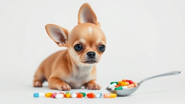 Chihuahua learning how to take their medicine with a spoon.