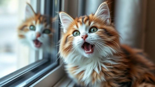Fluffy cat playfully meowing by window - funniest things cats do.