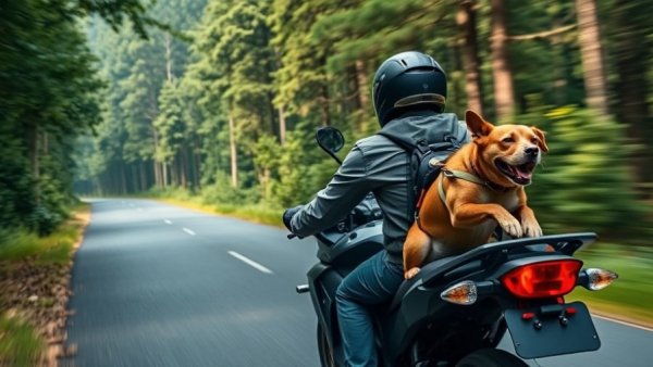 Travel with dog on motorcycle through forest road.