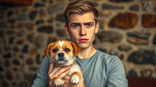 Concerned man holding dog indicating reasons your pet has a bad odor.