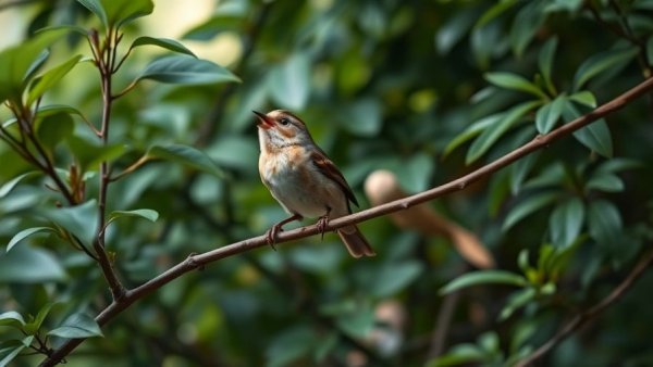 Bird singing amidst greenery during habitat restoration