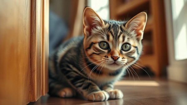 Adorably determined tabby cat squeezing into small space in sunny room.