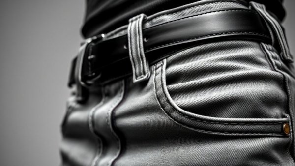 Close-up of denim jeans and belt in black and white.