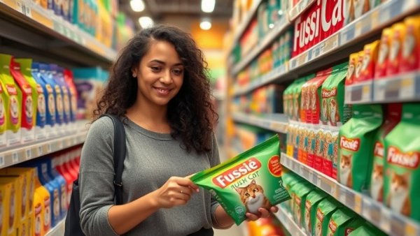 Woman selecting Fussie Cat products in Petco store aisle.