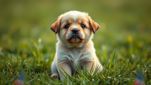 Sad fluffy puppy pleading in a grassy field