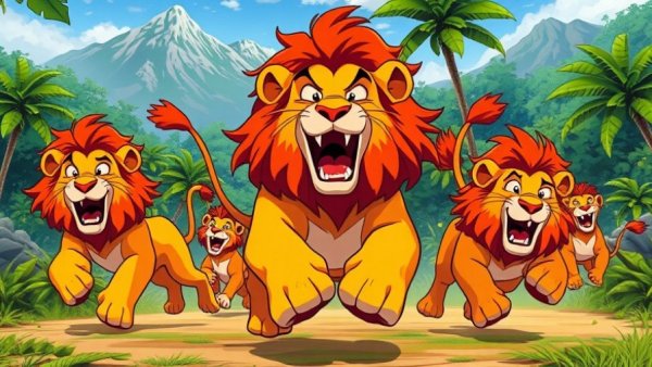 Lions running energetically in a vibrant jungle, Animal Adventures