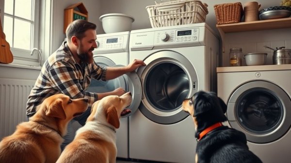 Man and dogs examining washing machine in laundry room.