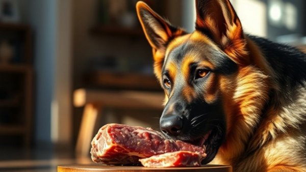 German Shepherd eating raw meat, natural pet diet.