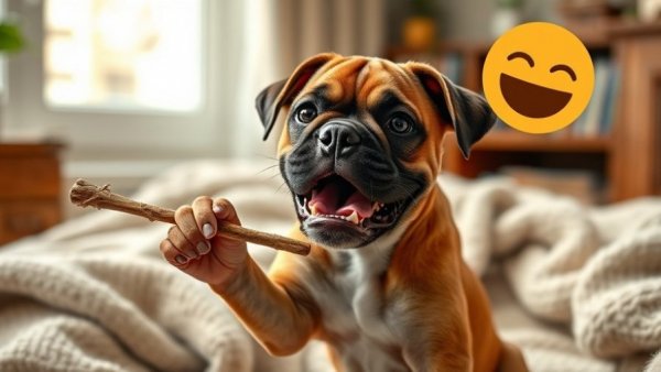Funny pet stuff: Boxer puppy humorously chewing a stick.