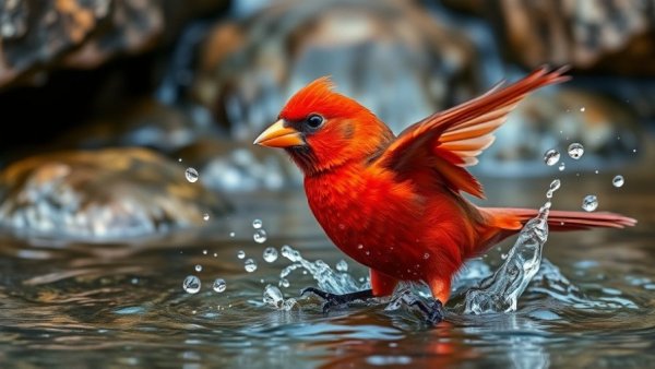 Red bird splashing in rocky water, highlighting Colorado River water security.