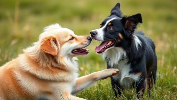 Playful dogs interacting in a grassy field
