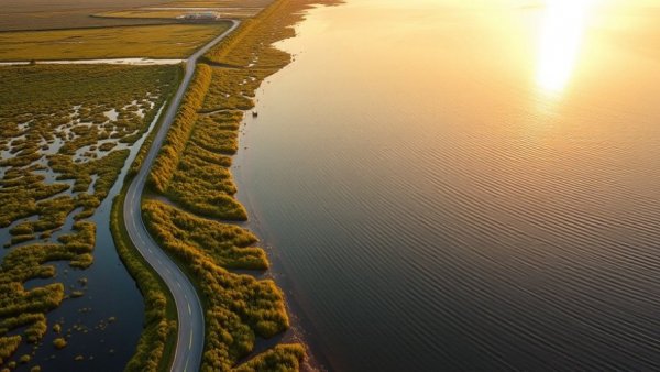 Aerial view of salt marsh restoration in Maryland at sunrise.